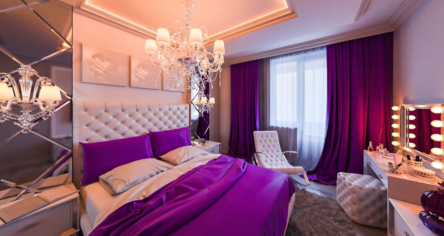 Serene Small Modern Contemporary Bedroom in Purple and White