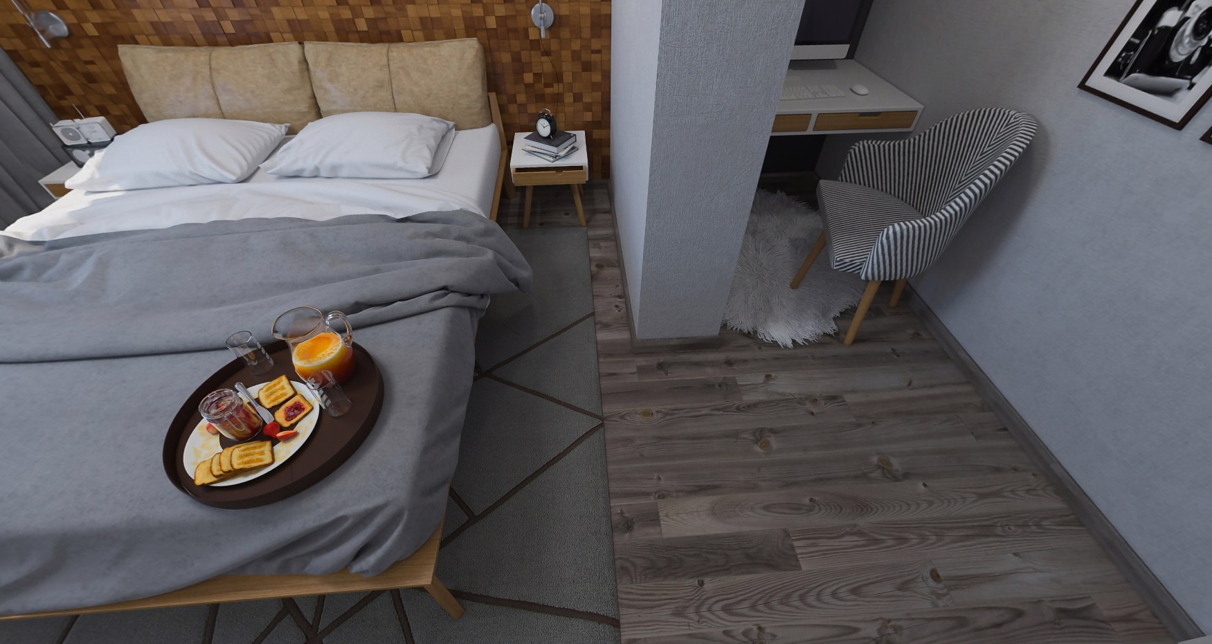 Tranquil Retreat: Small Modern Contemporary Bedroom in Wood and Grey